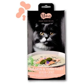 Рідкі ласощі Mavsy (Мавсі) Creamy Superfood Salmon and Tuna Fillet with Alfalfa and Splashed of Catnip for cats - для котів, у вигляді тунцево-лососевого крем супу з квітучою люцерною та вкрапленнями котячої м'яти (5 стіків по 15 г)