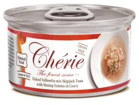 Влажный беззерновой корм Cherie Signature Gravy Flaked Yellowfin mix Skipjack Tuna with Shrimp - для кошек любого возраста и породы, с нежными кусочками желтоперого тунца и креветок в соусе